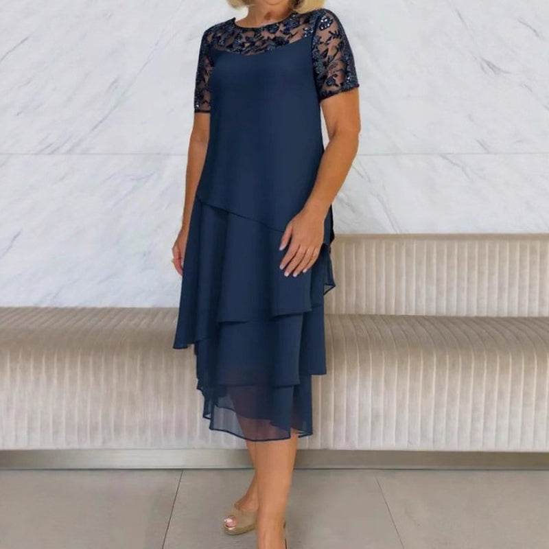 Relasha - Vestido Midi Con Mangas de Encaje en Capas