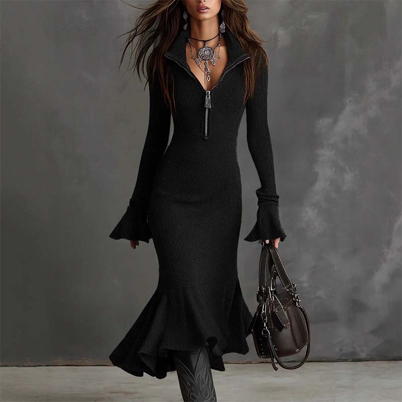 Yafella | Vestido Midi Tejido con Cremallera y Volantes
