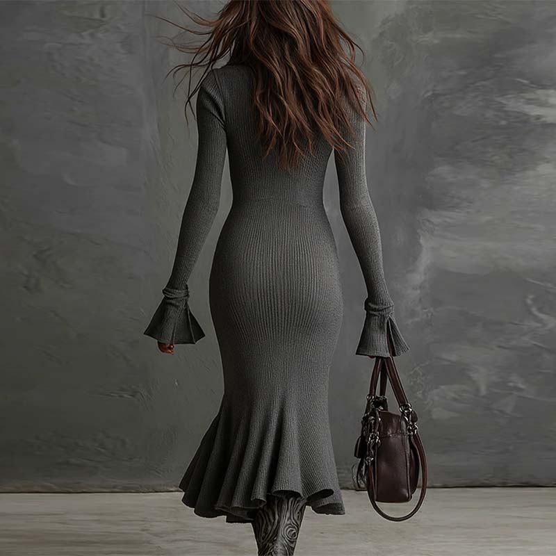 Yafella | Vestido Midi Tejido con Cremallera y Volantes