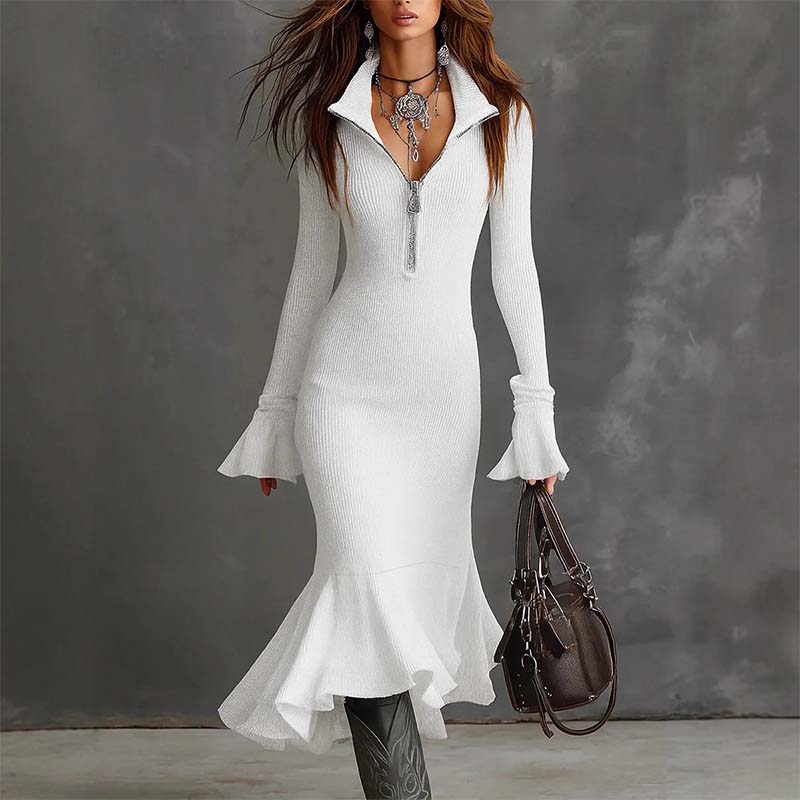 Yafella | Vestido Midi Tejido con Cremallera y Volantes