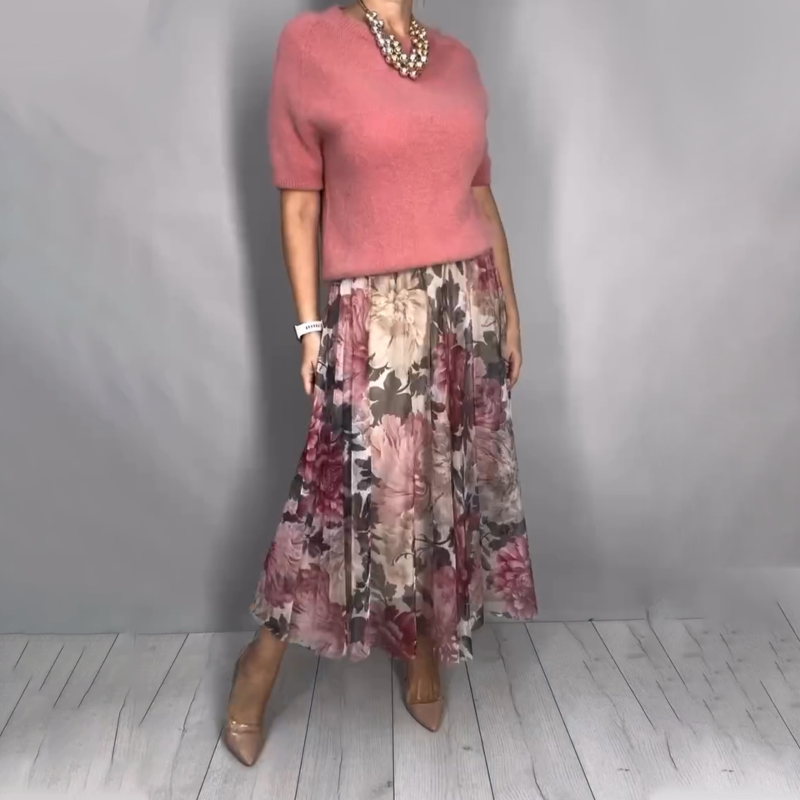 Nirosha | Conjunto De Top De Punto De Manga Corta Y Falda Floral