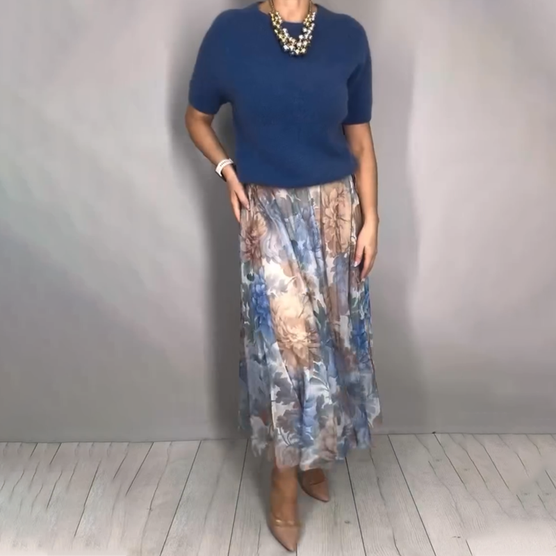 Nirosha | Conjunto De Top De Punto De Manga Corta Y Falda Floral