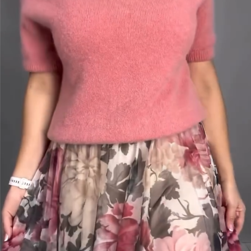 Nirosha | Conjunto De Top De Punto De Manga Corta Y Falda Floral