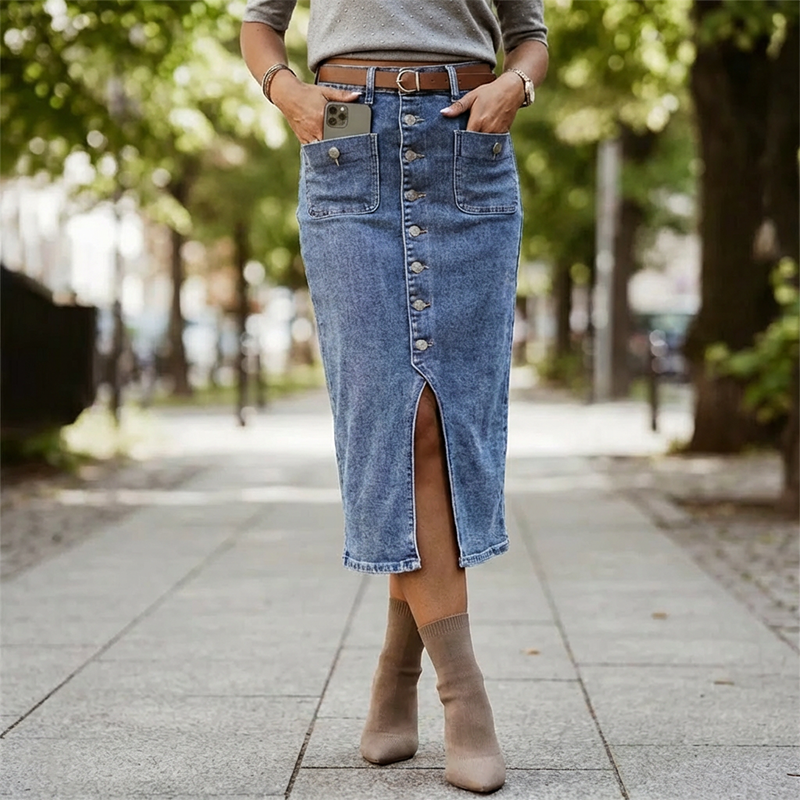 Ralisia | Falda Midi Denim Con Botones Frontales