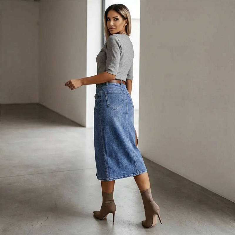 Ralisia | Falda Midi Denim Con Botones Frontales