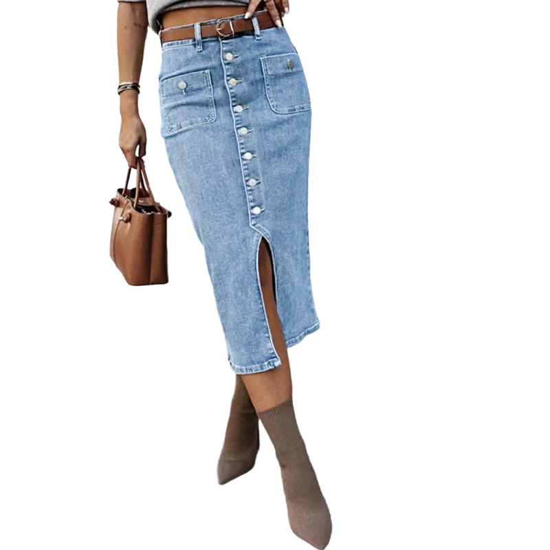 Ralisia | Falda Midi Denim Con Botones Frontales