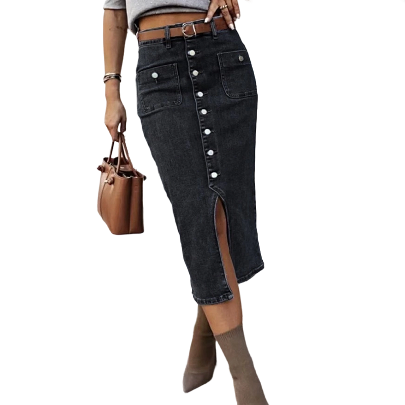 Ralisia | Falda Midi Denim Con Botones Frontales