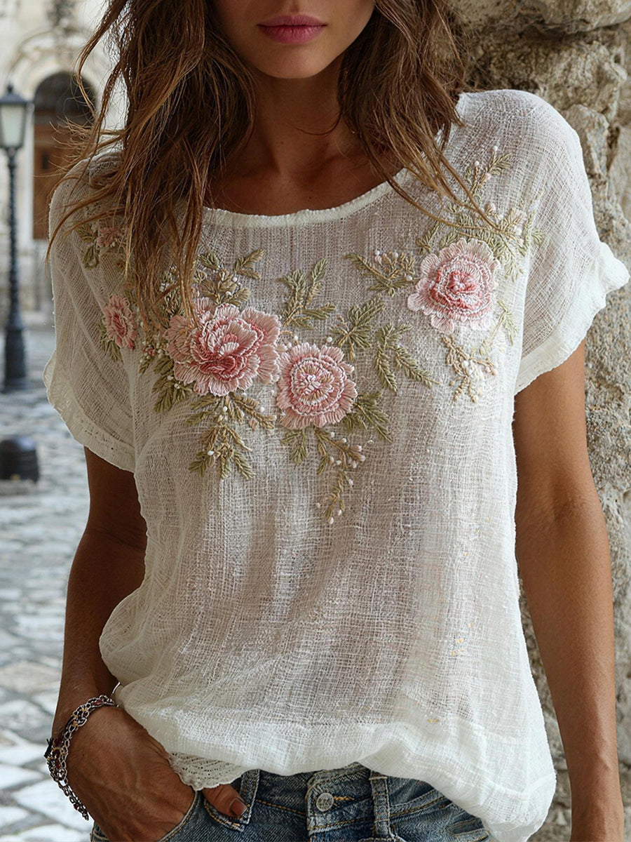 Nalena | Blusa Bordada Floral Manga Corta