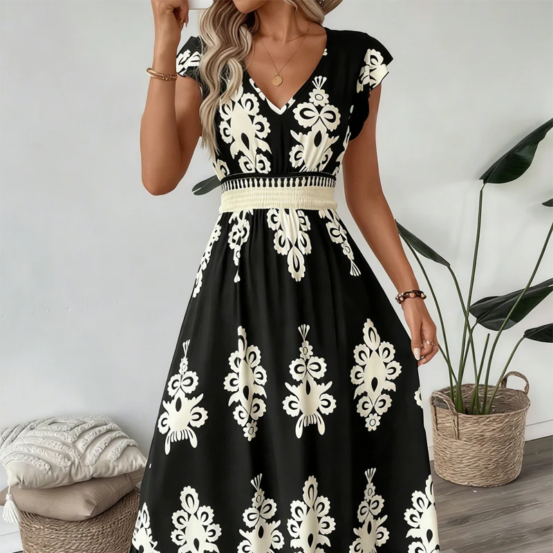 Ranika | Vestido Maxi Estampado Cuello V Sin Mangas