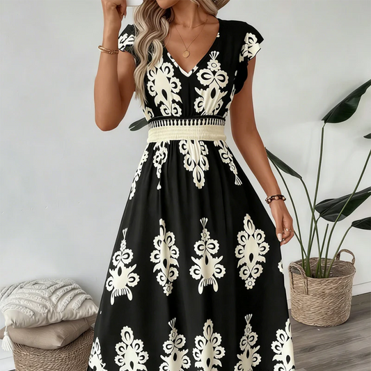 Ranika | Vestido Maxi Estampado Cuello V Sin Mangas