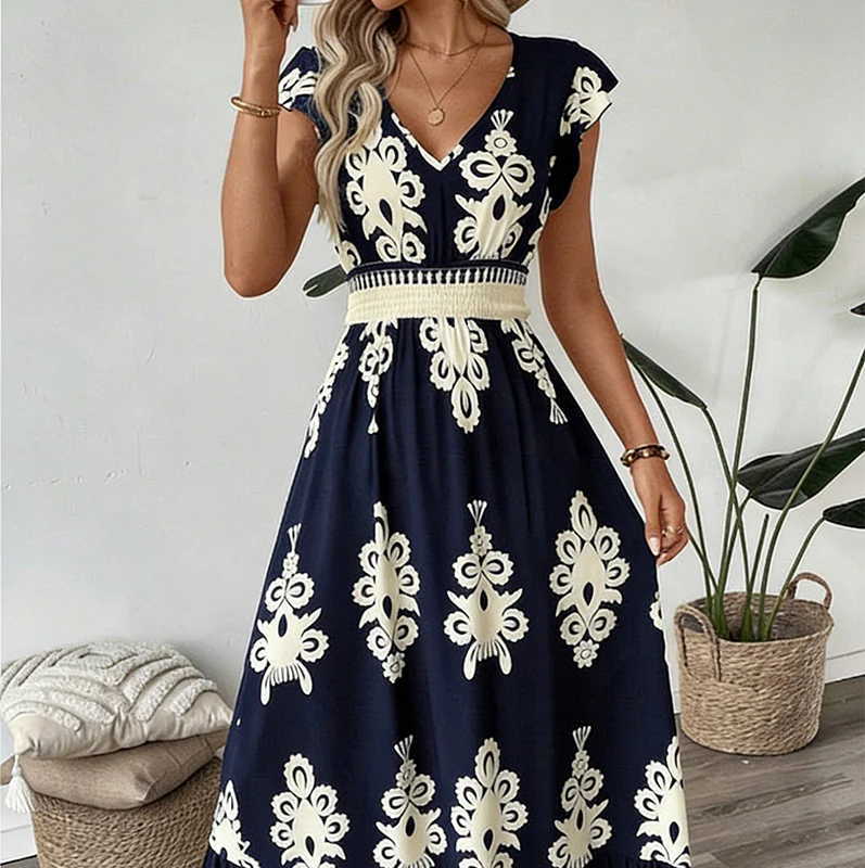 Ranika | Vestido Maxi Estampado Cuello V Sin Mangas
