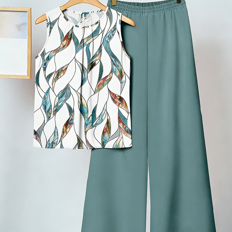 Anemiek - Conjunto de Top Sin Mangas Estampado y Pantalón de Pierna Ancha
