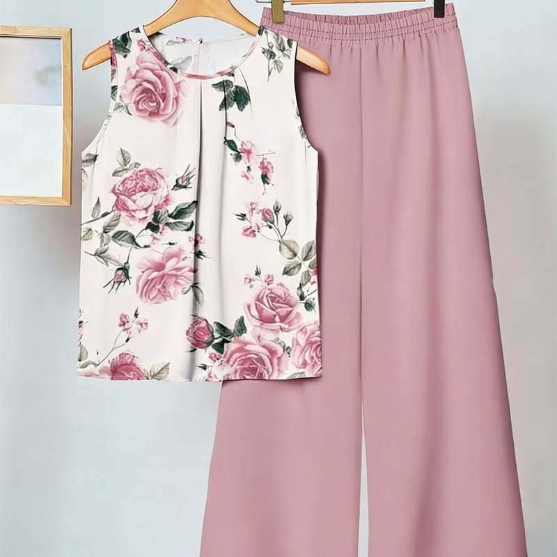 Anemiek - Conjunto de Top Sin Mangas Estampado y Pantalón de Pierna Ancha