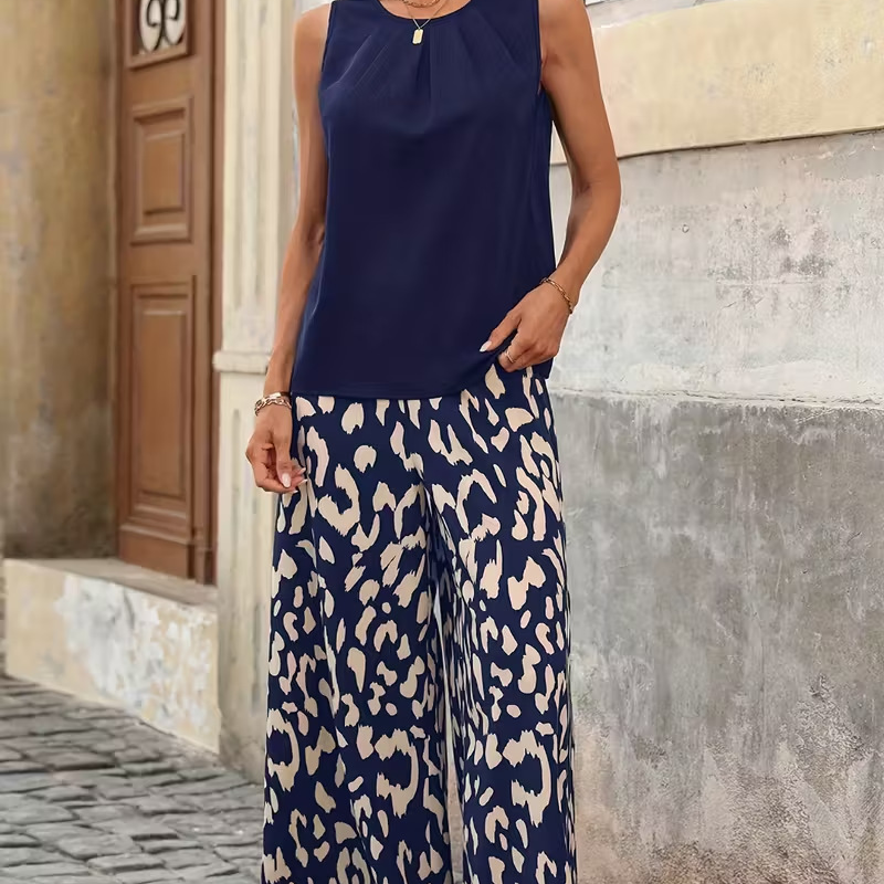 Anemiek - Conjunto de Top Sin Mangas Estampado y Pantalón de Pierna Ancha