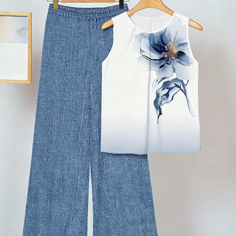 Anemiek - Conjunto de Top Sin Mangas Estampado y Pantalón de Pierna Ancha