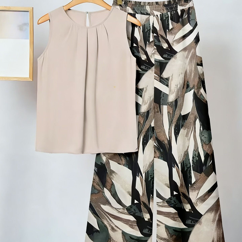 Anemiek - Conjunto de Top Sin Mangas Estampado y Pantalón de Pierna Ancha