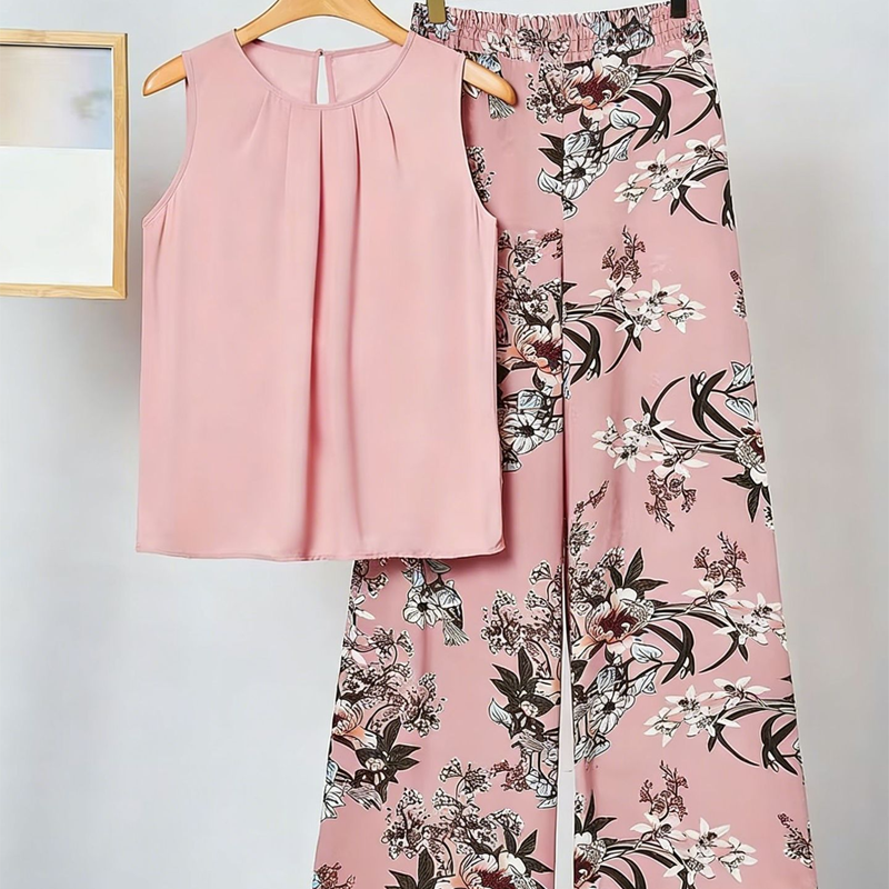Anemiek - Conjunto de Top Sin Mangas Estampado y Pantalón de Pierna Ancha