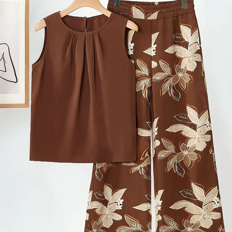Anemiek - Conjunto de Top Sin Mangas Estampado y Pantalón de Pierna Ancha