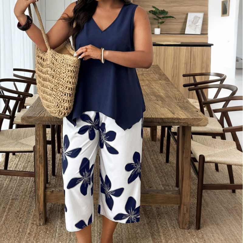 Aniza | Conjunto de Top Asimétrico y Pantalón Capri Floral