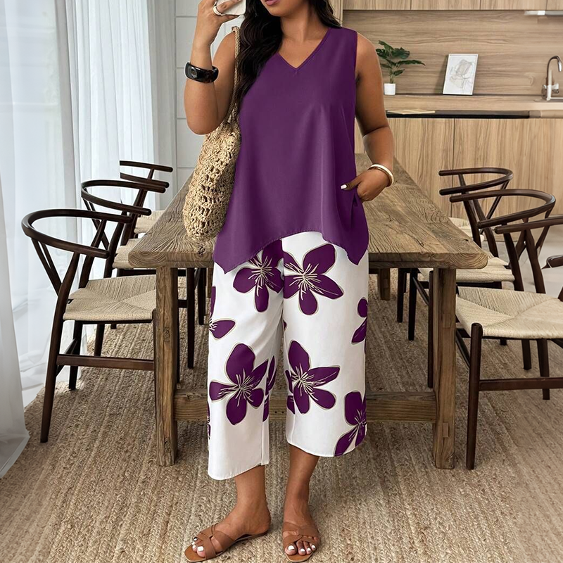 Aniza | Conjunto de Top Asimétrico y Pantalón Capri Floral