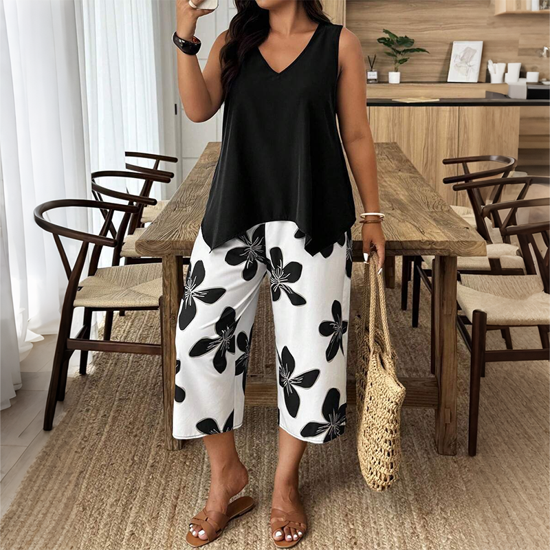 Aniza | Conjunto de Top Asimétrico y Pantalón Capri Floral