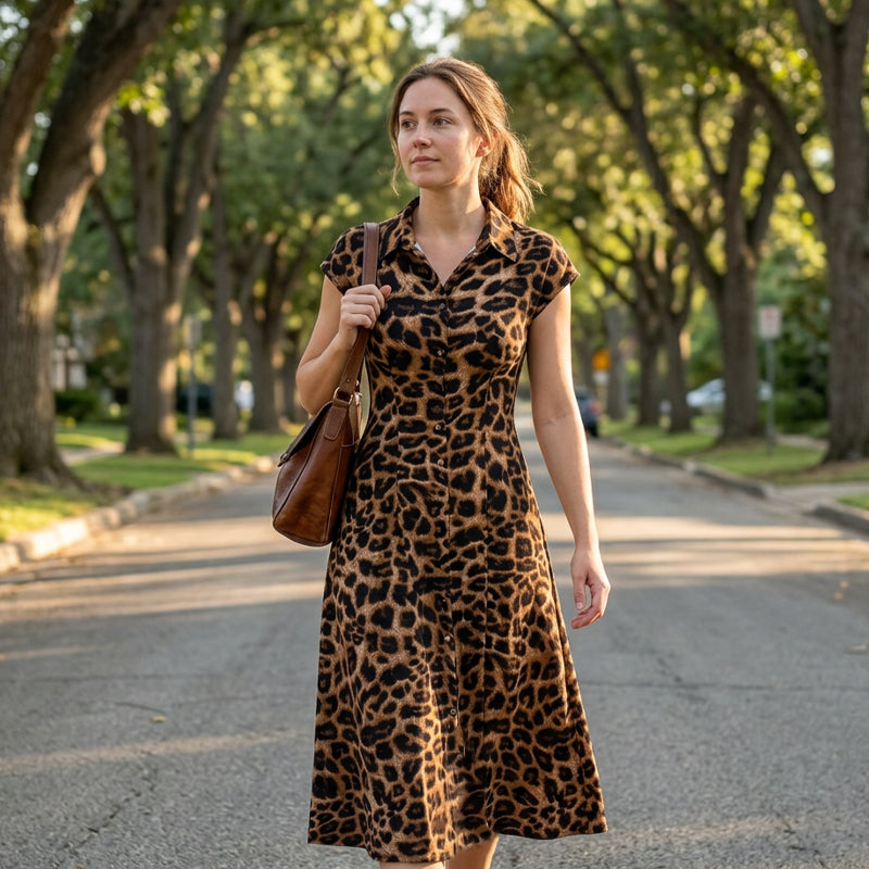 Ameerah | Vestido Camisero De Manga Corta Con Estampado De Leopardo