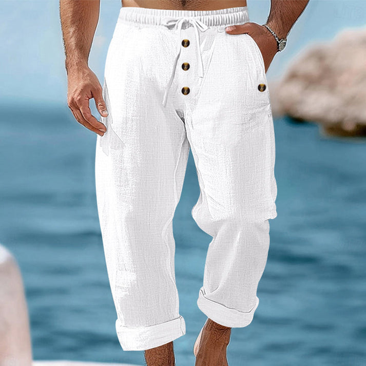 Devillier | Pantalones Informales de Lino Con Cordón y Botones en la Parte Delantera