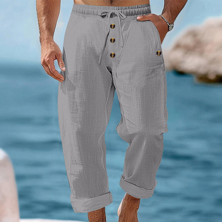 Devillier | Pantalones Informales de Lino Con Cordón y Botones en la Parte Delantera