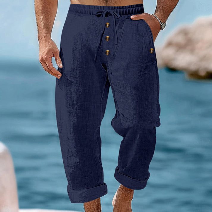 Devillier | Pantalones Informales de Lino Con Cordón y Botones en la Parte Delantera