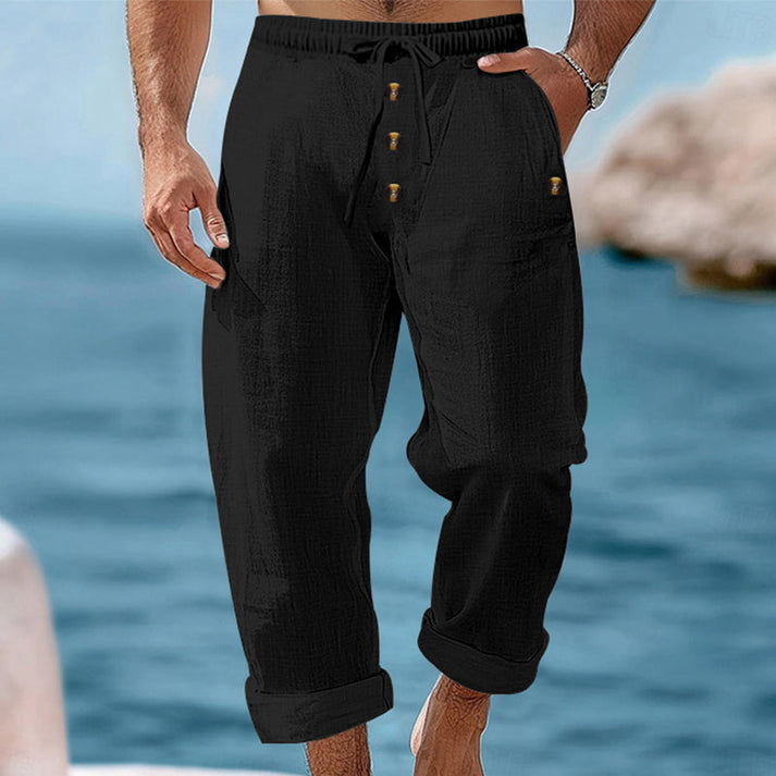 Devillier | Pantalones Informales de Lino Con Cordón y Botones en la Parte Delantera