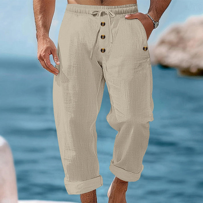 Devillier | Pantalones Informales de Lino Con Cordón y Botones en la Parte Delantera