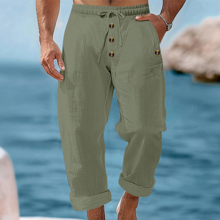 Devillier | Pantalones Informales de Lino Con Cordón y Botones en la Parte Delantera