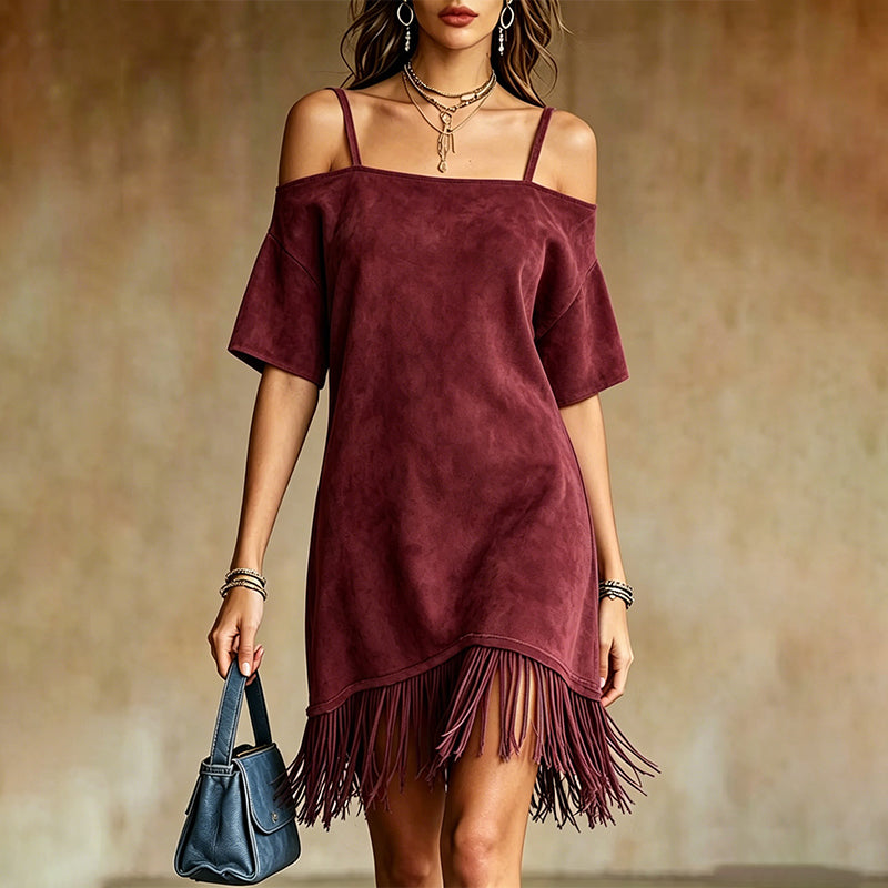 Lewina | Vestido Con Flecos Y Tirantes De Hombros Descubiertos