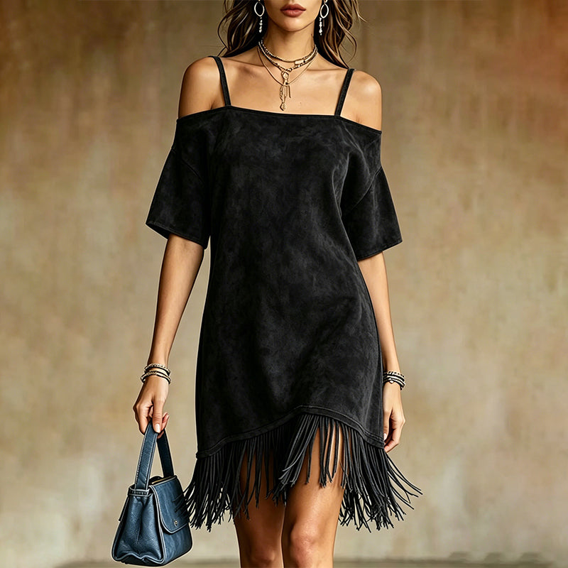 Lewina | Vestido Con Flecos Y Tirantes De Hombros Descubiertos