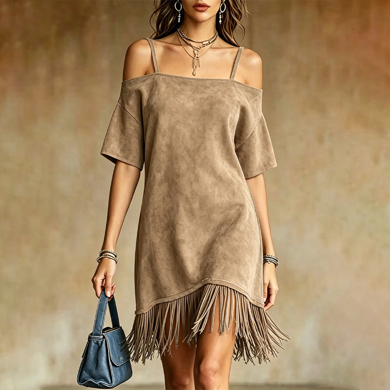 Lewina | Vestido Con Flecos Y Tirantes De Hombros Descubiertos