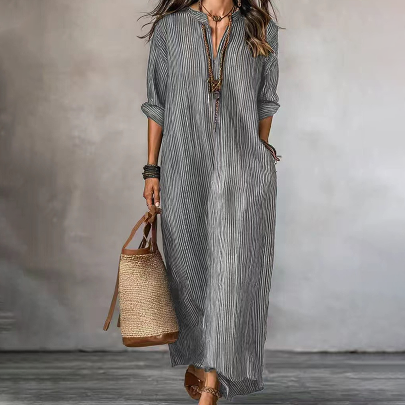 Levina | Vestido Maxi a Rayas Con Cuello en V