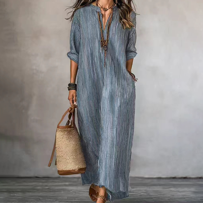 Levina | Vestido Maxi a Rayas Con Cuello en V