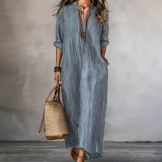Levina | Vestido Maxi a Rayas Con Cuello en V