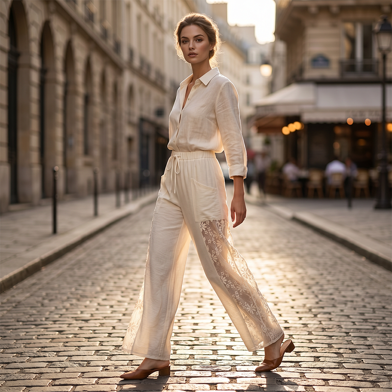 Qerina | Pantalones De Pierna Ancha Con Paneles De Encaje