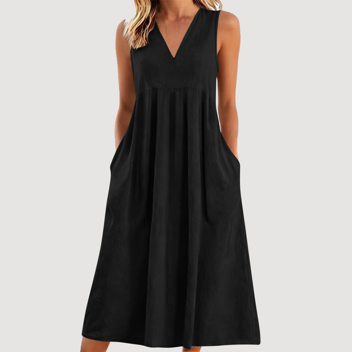 Milanie | Vestido Midi Sin Mangas Con Cuello en V y Bolsillos