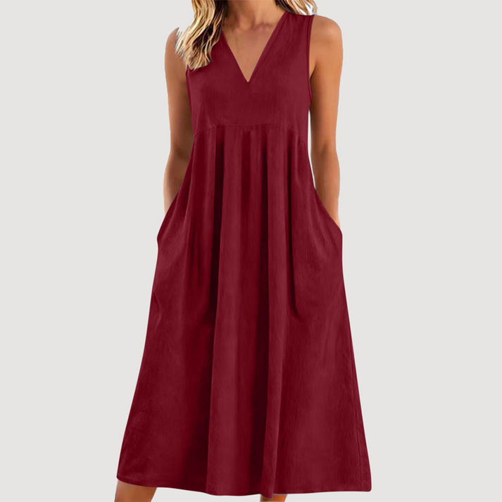 Milanie | Vestido Midi Sin Mangas Con Cuello en V y Bolsillos