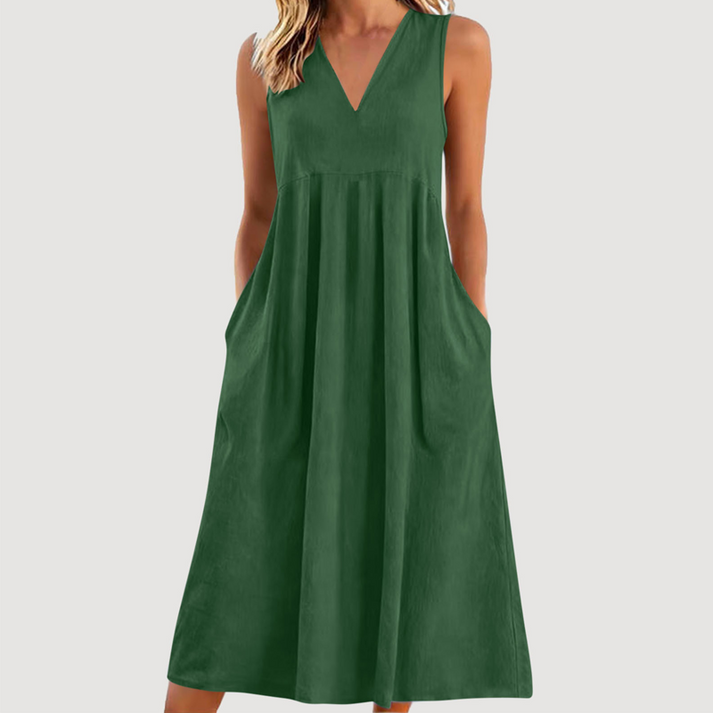 Milanie | Vestido Midi Sin Mangas Con Cuello en V y Bolsillos