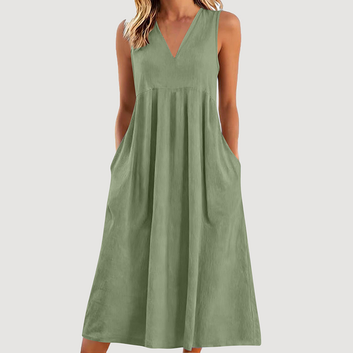 Milanie | Vestido Midi Sin Mangas Con Cuello en V y Bolsillos