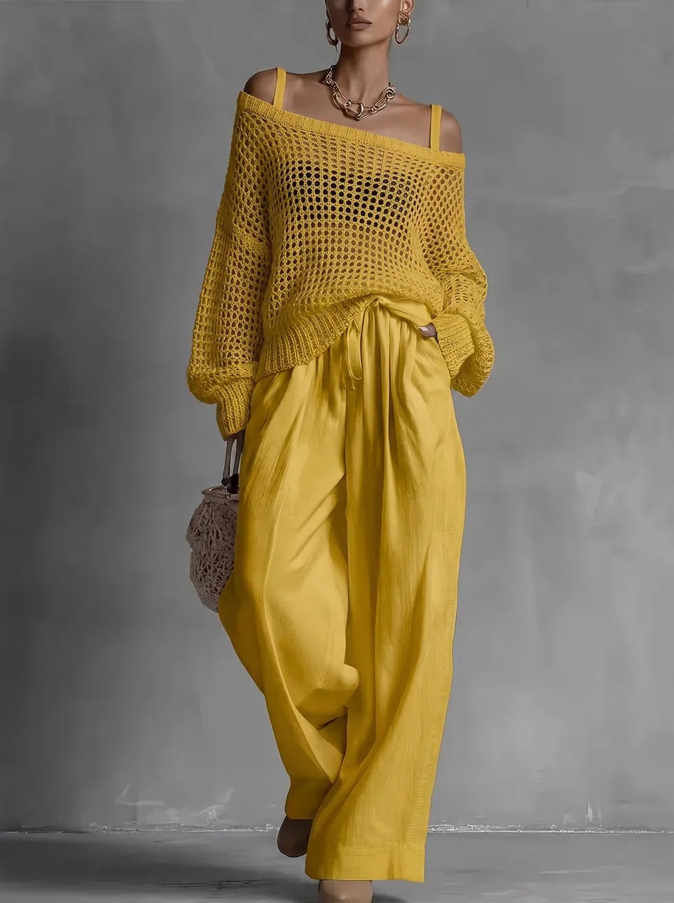 Shaneka | Conjunto De Top De Punto Con Hombros Al Descubierto Y Pantalón De Pierna Ancha