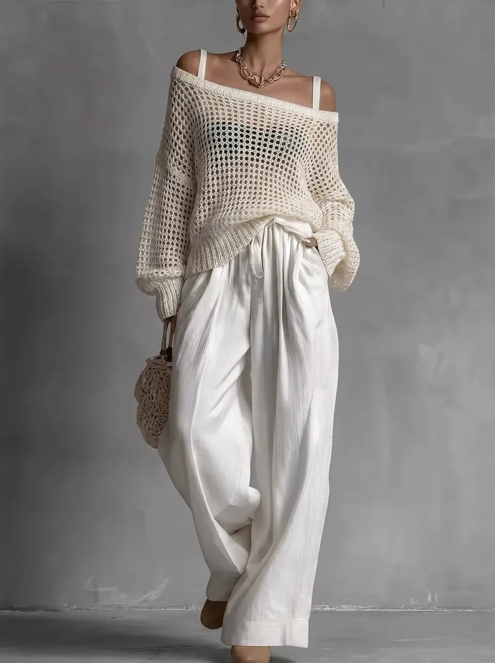 Shaneka | Conjunto De Top De Punto Con Hombros Al Descubierto Y Pantalón De Pierna Ancha