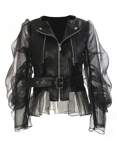 Sharnah | Chaqueta Negra Con Efecto Piel Y Mangas De Malla