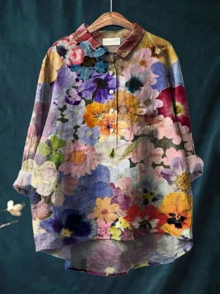 Emery - Blusa Con Estampado Floral Botones Cuello y Bolsillo en el Pecho