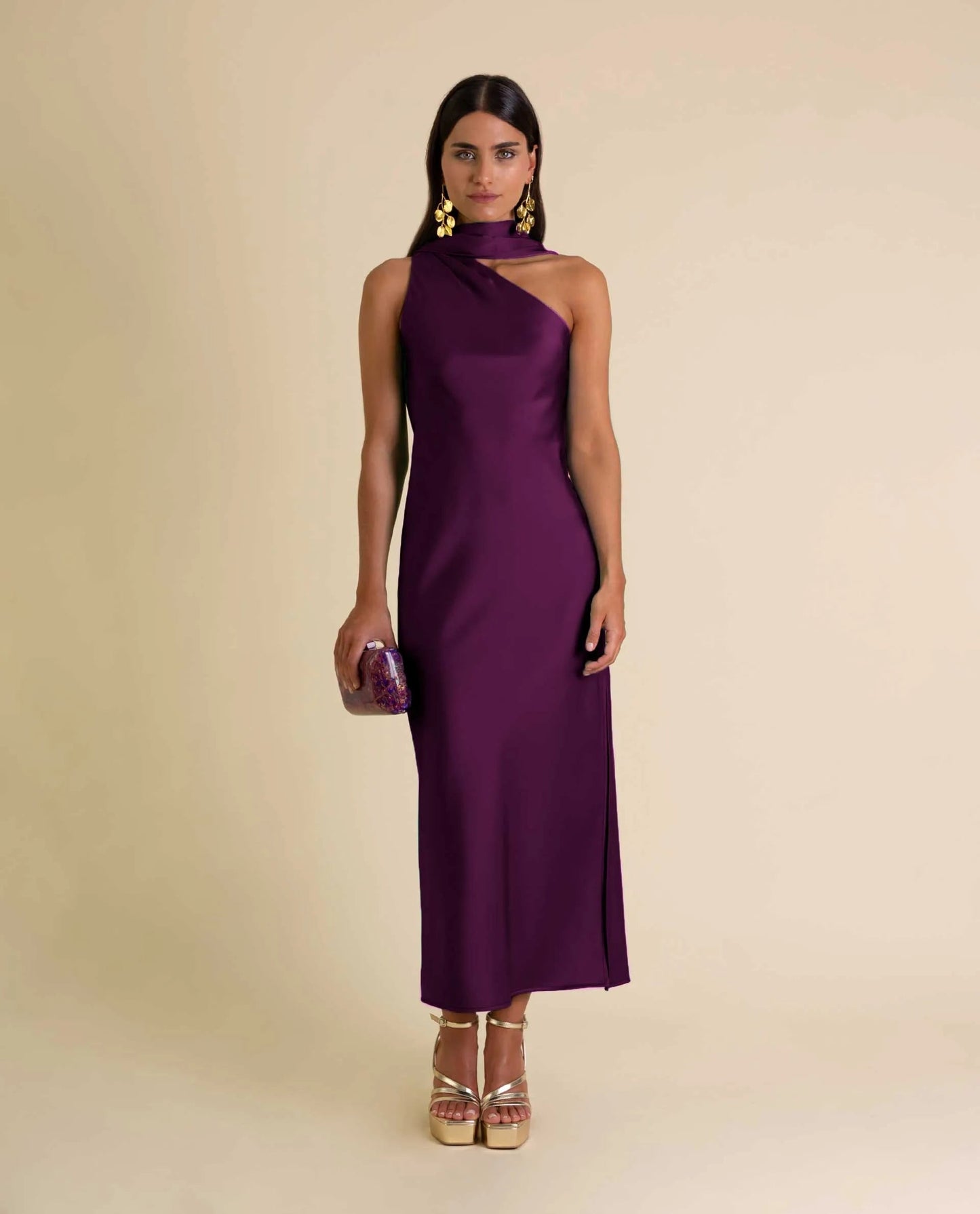 Zinash | Vestido Largo Asimétrico Con Drapeado en El Cuello