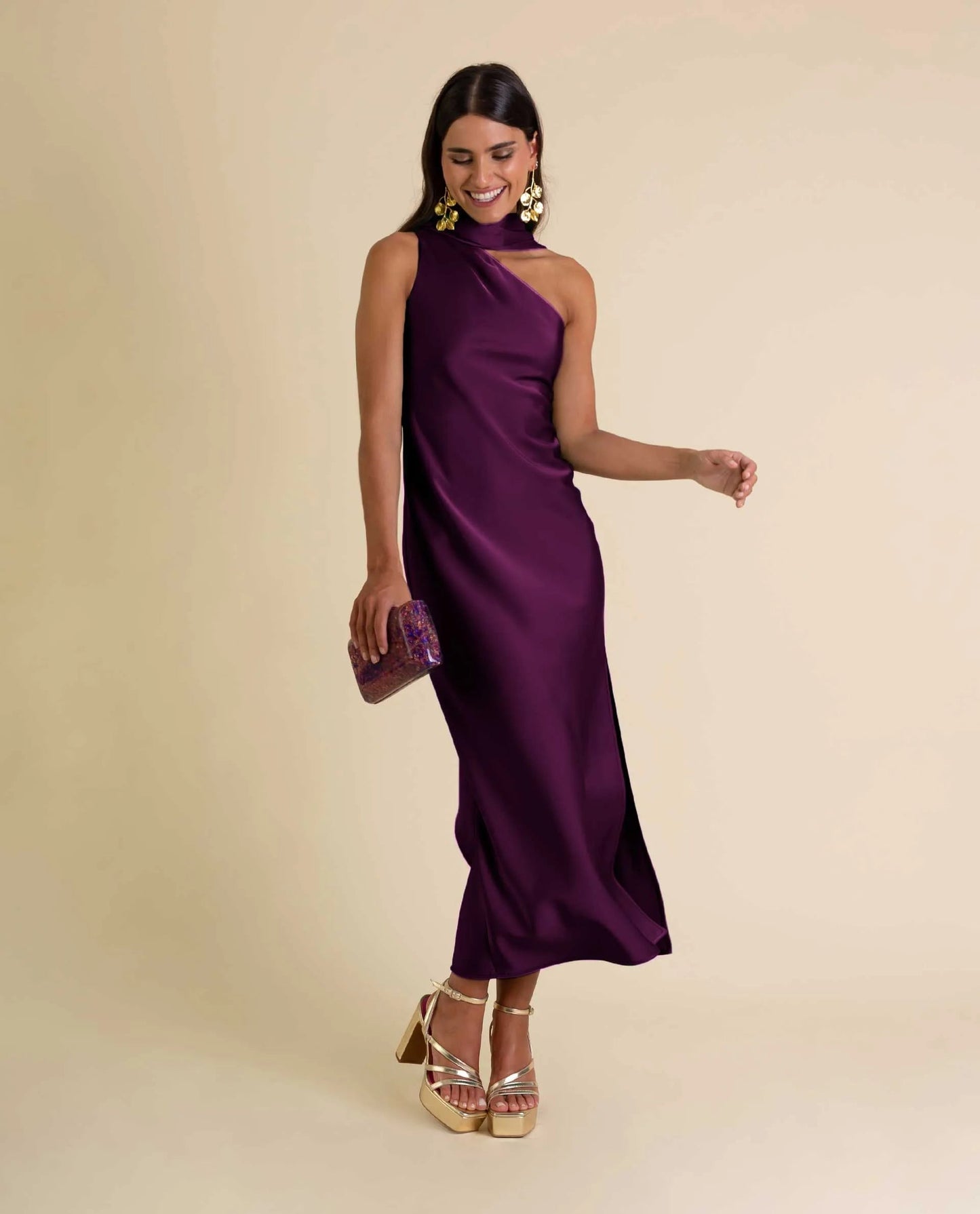 Zinash | Vestido Largo Asimétrico Con Drapeado en El Cuello