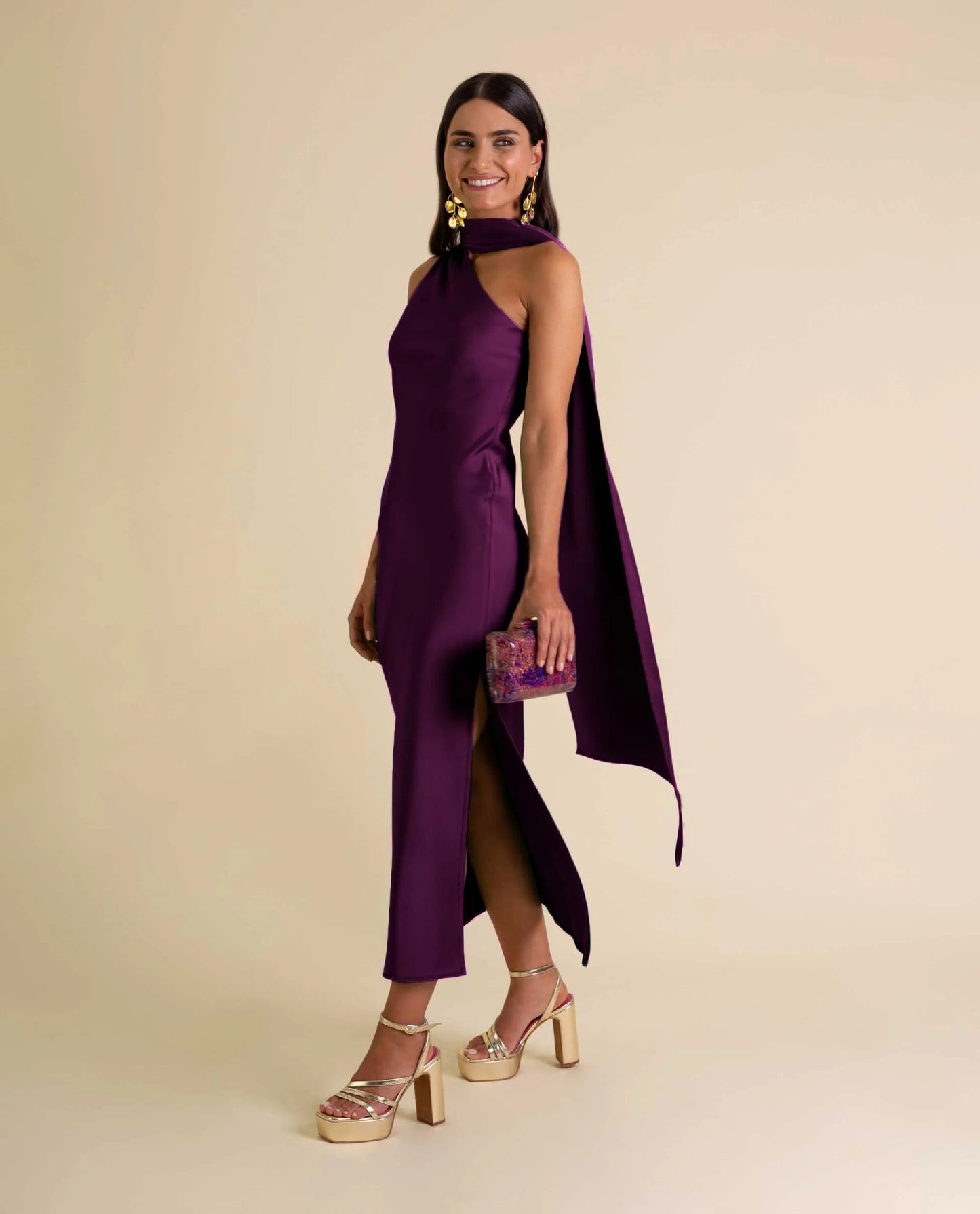 Zinash | Vestido Largo Asimétrico Con Drapeado en El Cuello